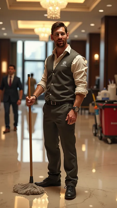 the famous Lionel Messi depicted as a hotel employee in the United States, humbly working as a janitor. The character is in the spacious lobby of a modern hotel, with shiny marble floors, hanging crystal chandeliers, and an elegant reception in the backgro...