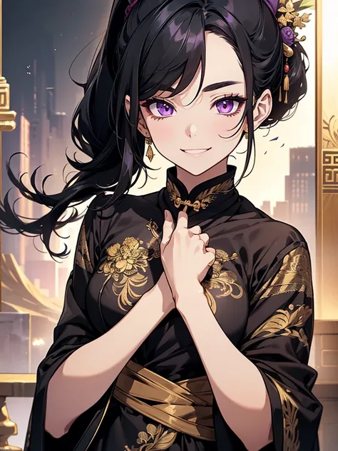  black hair、Super beautiful、Age 30、Female、 ponytail、black china dress with gold embroidery、 face up、 squinting、smile、conspiracy、intellectual、 purple eyes、Thin eyebrows