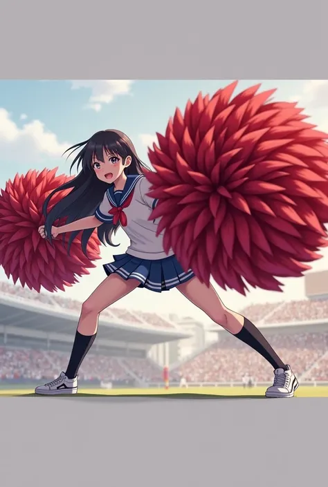 High school girl in a JK uniform holding pompoms wearing black high socks and sneakers