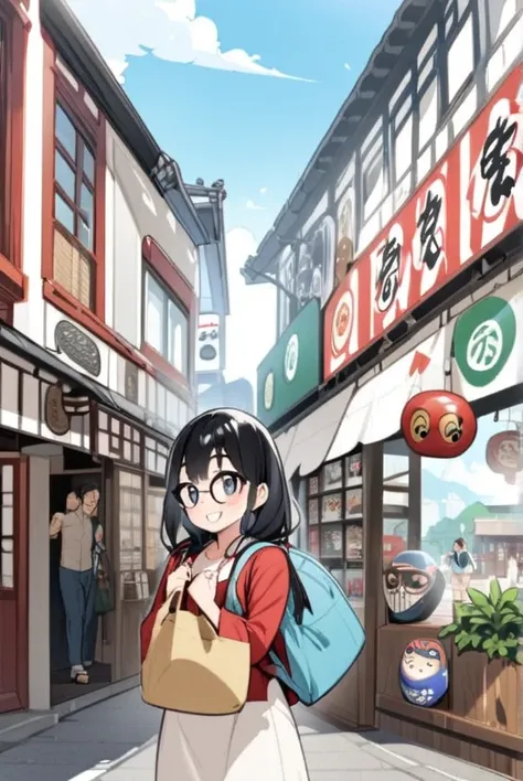 Black hair, glasses, a smile, a souvenir shop in a tourist spot, a big Daruma doll,