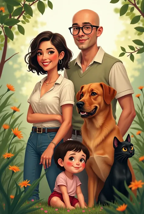  Drawing of a woman with short black hair, with bald young man wearing glasses , Baby girl, big brown dog and black cat  