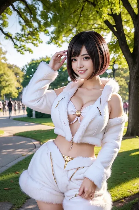 ultra sexy female, (-anime), only 1 female, very short hair, beautiful smile, lip-gloss, long lashes, defined eyebrows, magical girl cosplay, fluffy fur vivid colors outfit, cosplay accessoires, look at the camera, cinematic light, large park background wi...