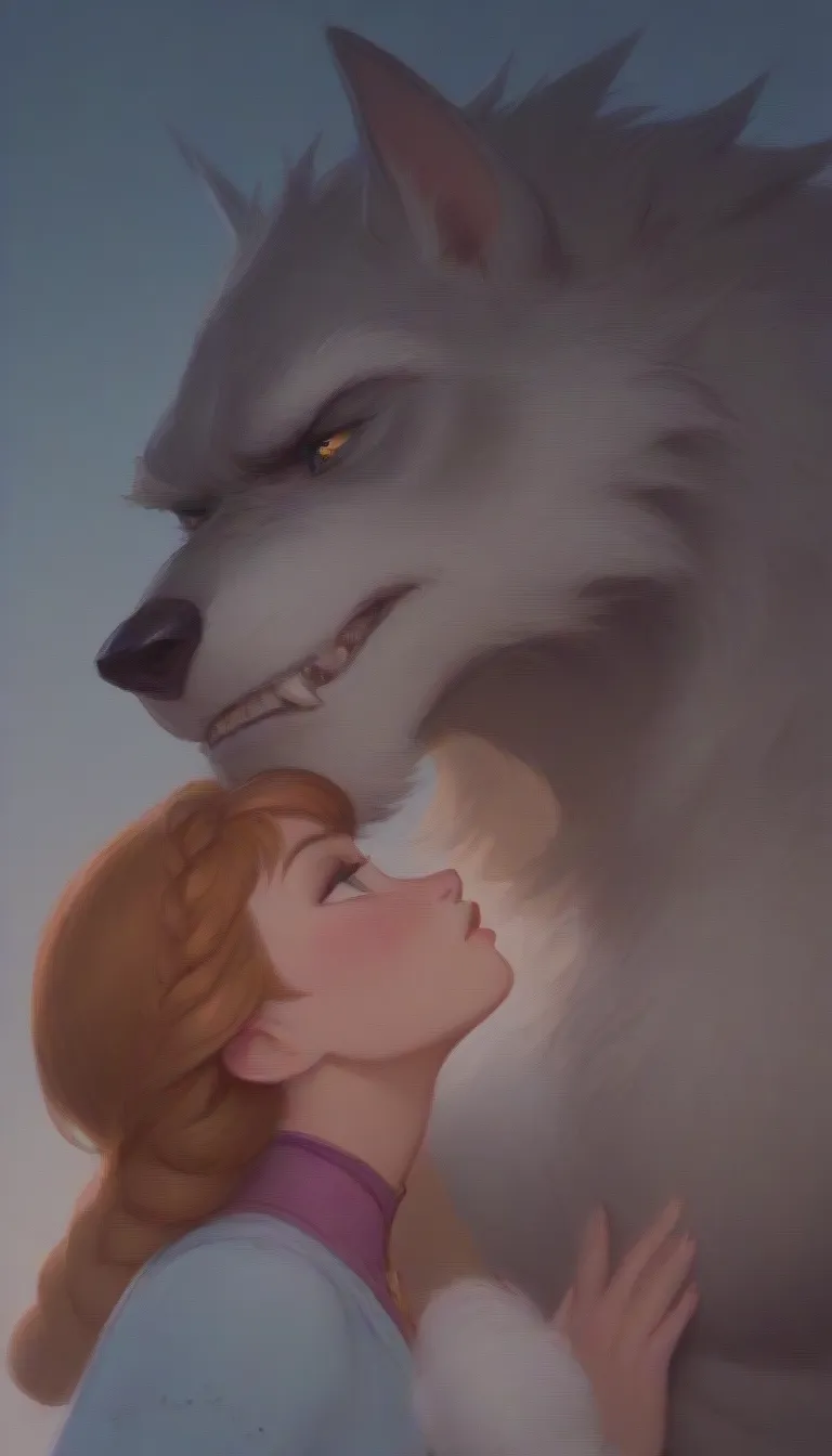 princess anna of arendelle (anna from disney frozen) kissing one werewolf. the werewolf fur is blue gray, yellow eyes, strong bo...