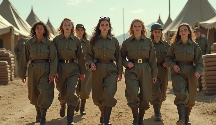 Generate image of bunch of young women trying to fit an oversized male military uniforms and boots a military training camp during World War Two in 1942