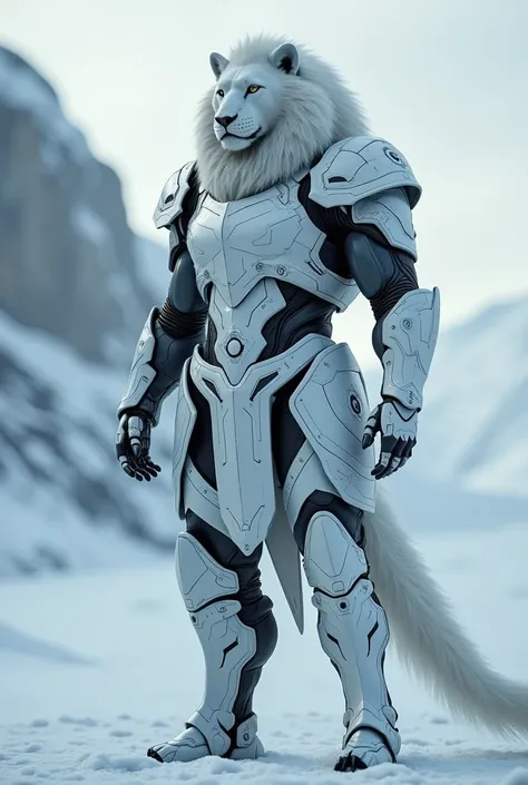 The humanoid polar lion knight, in tech armor, dark white armor