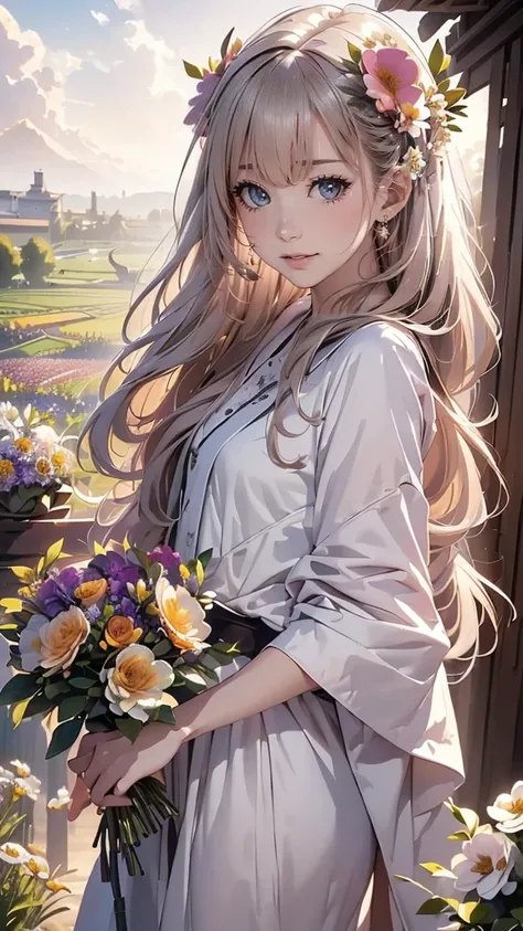 (​masterpiece:1.2、top-quality)、nffsw、intricate detailes、1girl in、albino、Light brown eyes、beautiful brown long-haired、Silky straight hair、Twilight Look、Long gray poncho、(((plein air、flower  field、colorful flower々)))、Natural light、Pale lighting