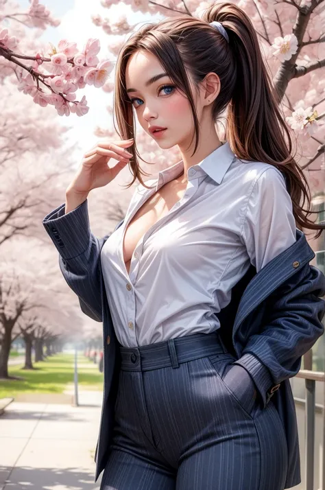 1 woman, caucasian, very small breasts, straight brown hair, wearing sexy suit, blue eyes, sexy posing near the cherry blossoms, ponytail