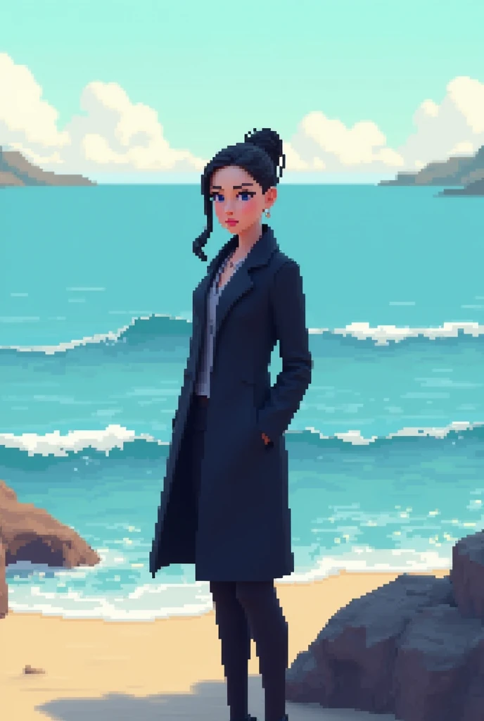 In 3d picture pixer style a yong lady in blck coat pant standing near sea 