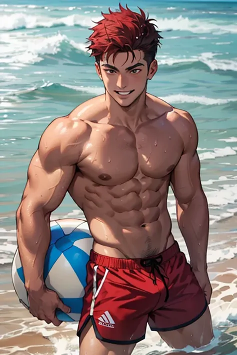 ((best quality)), ((masterpiece)), (detailed), 1boy A  18 years young tanned handsome teenager, he is lean with abs , he is grinning cockily and naughtily, his body is glistening in the seawater, he has short hair, he is shirtless and wearing a beach red s...