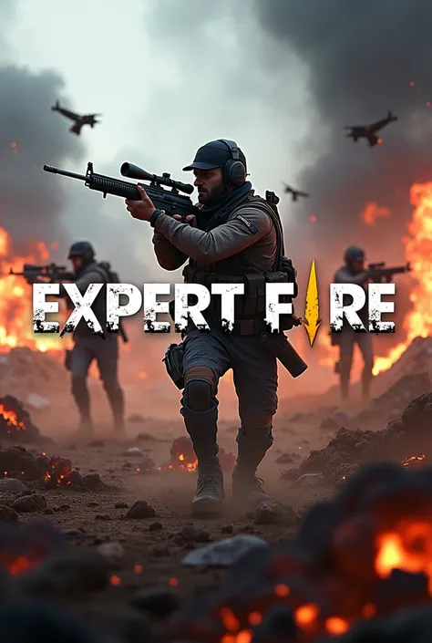 Create an ultra-realistic video game style image with the text EXPERT FIRE prominently displayed in a war zone setting. The scene should feature intense combat with various firearms, reminiscent of the aesthetics and action found in Free Fire. Include deta...