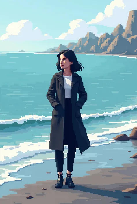 In 3d picture pixer style a yong lady in blck coat pant standing near sea 