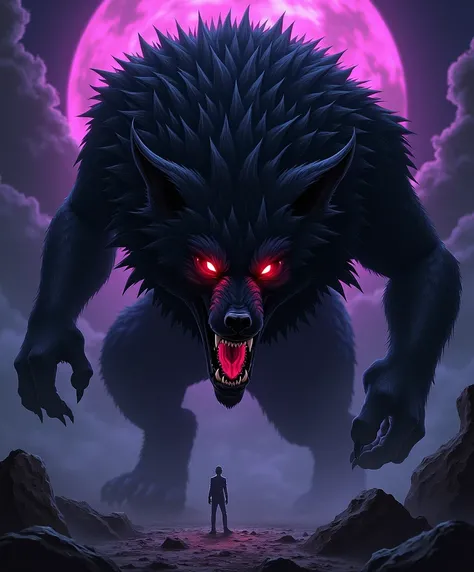 Make me a two-headed wolf surrounded by darkness in the manga yugioh style 