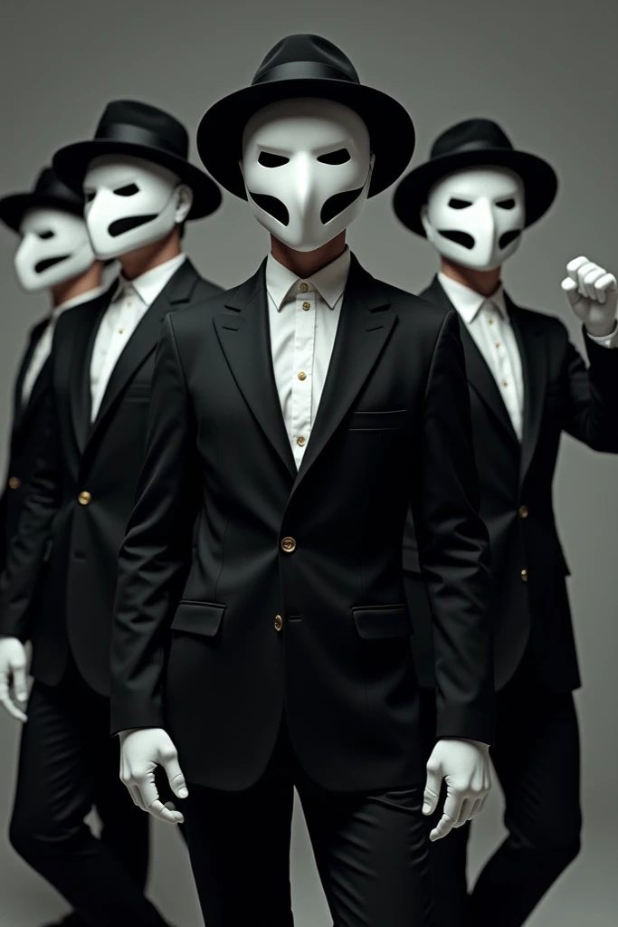 Create an image of 5 dancers wearing white jabbawockeez emask, black fedora, black suit, black tie, white undershirt, and white gloves.