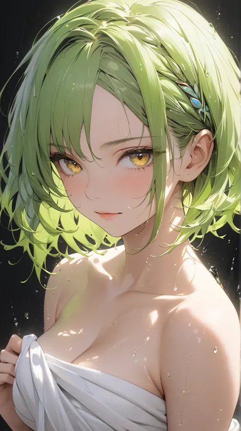 face details,semi realistic, Masterpiece, Master work, perfect , 4k, 1girl, young girl, wet hair, mature body, medium size breast, short hair, side parted hair style, showing forehead, wearing headband, neon green colored hair, yellow eyes, cool expression...