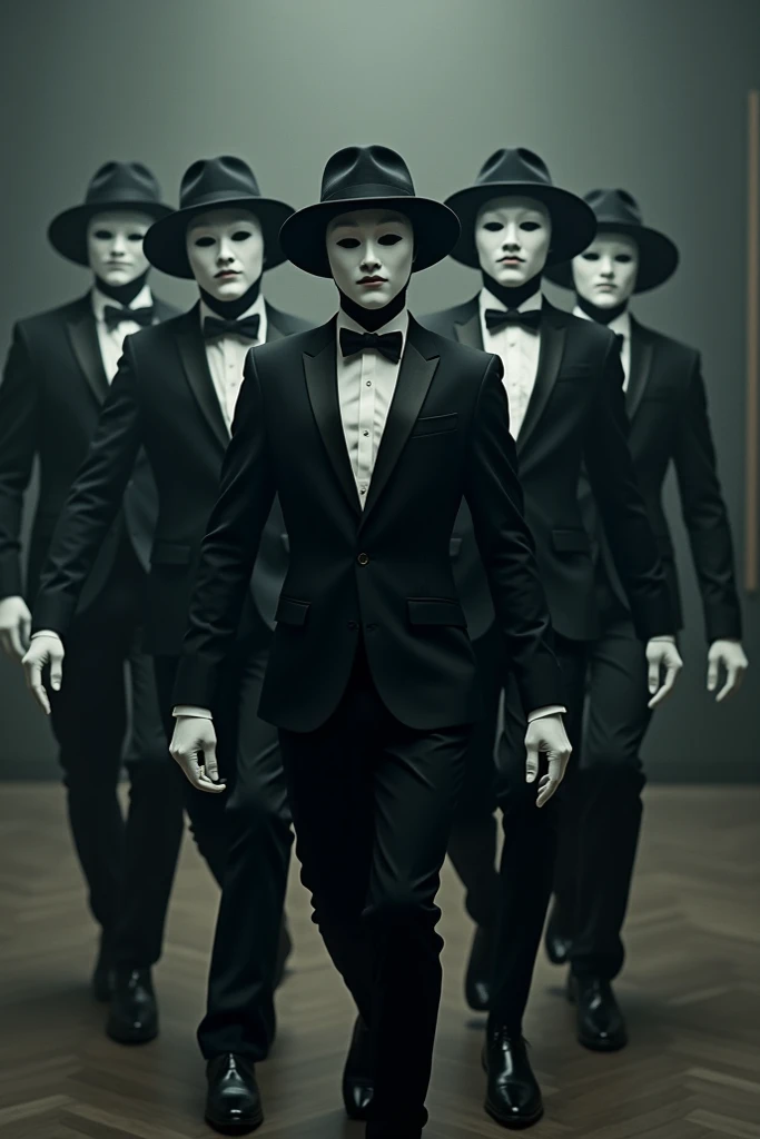 Create an image of 5 dancers wearing white jabbawockeez mask, black fedora, black suit, black necktie, white undershirt, and white gloves.