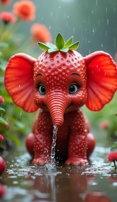 "A charming strawberry-themed baby elephant splashing in a puddle amidst a colorful, rainy flower garden. Its skin is covered with a strawberry texture, with tiny seeds scattered across its body, and its ears are adorned with a leafy green edge resembling ...