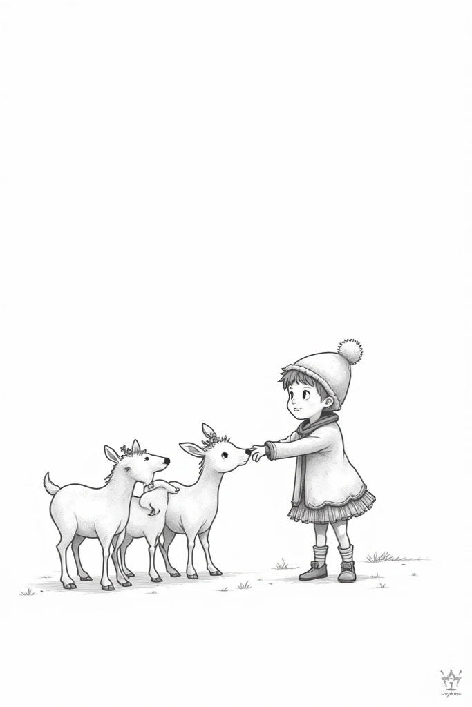 Draw a  playing with Christmas reindeer in black and white for s to color 