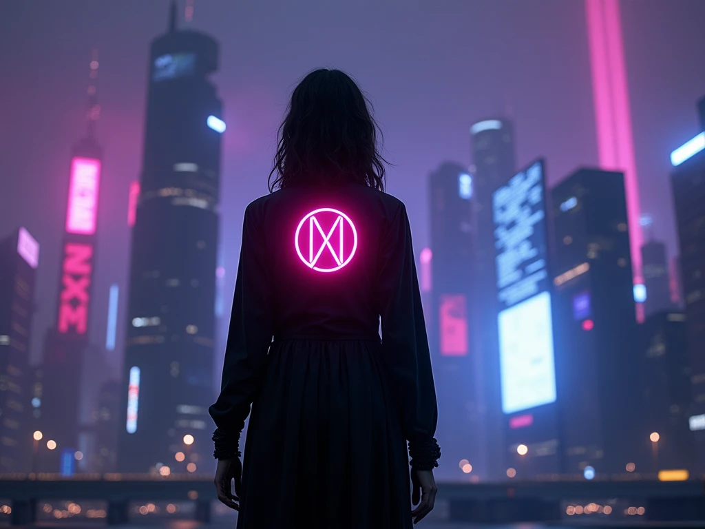 
"Create a high-resolution image of a mysterious woman dressed in all black, with her back facing the viewer. adding to her enigmatic and witch-like appearance. The **NXM symbol** should glow in **light pink neon** on her back, casting a soft, glowing ligh...