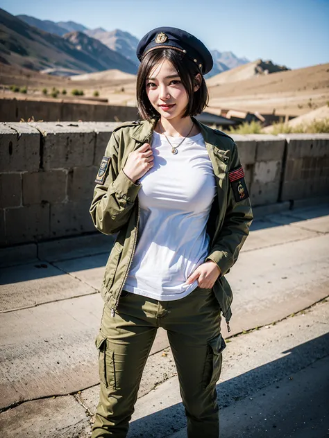  top quality, one beautiful woman, A striking image of a beautiful girl with a sleek pixie cut, confidently dressed in perfectly fitted military attire. Her short hair is neatly styled, emphasizing her sharp, determined look. She wears a modern military ja...