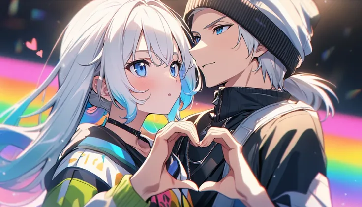 HD 8k Handsome sexy-cute, 1 Human focus female Medium Length Rainbow hair white hair Ponytail, blue eyes, looking away (highest quality, sexy aesthetic:1.2), Beanie, heart hand,