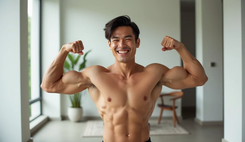 Create realistic photos of a black Thai man, a  boy standing, showing off his muscles, laughing, having fun, in a modern white house.