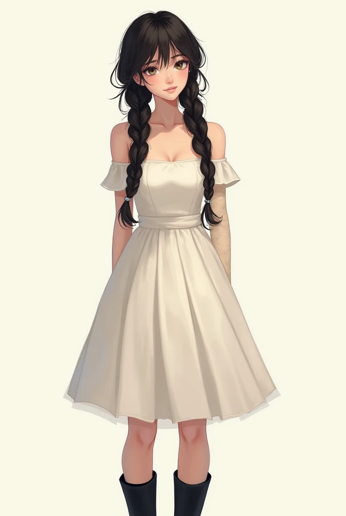 draw a European-type girl, the girl has long thick dark braided hair, the girl is wearing a milk satin straight-cut strapless dress that fits the figure, a short translucent pearl longsleeve is worn over the dress, and she is wearing black boots, detailed ...