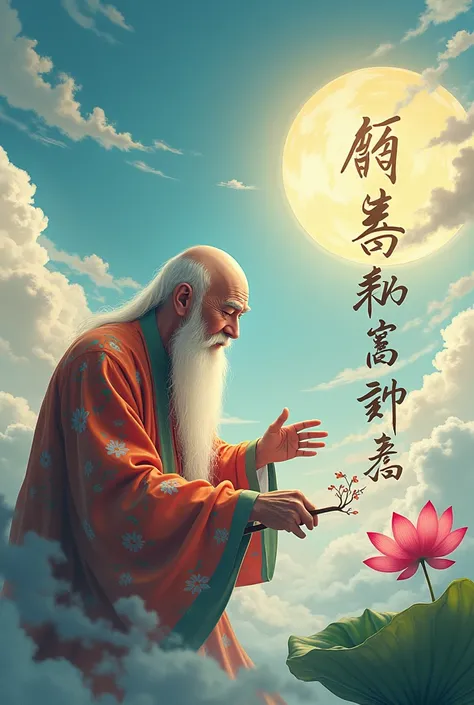 Chinese bald old man with long beard colorful clothes writing in calligraphy in the sky clouds with sun and lotus