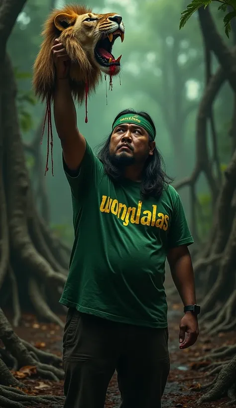 cinematic portrait of a slightly overweight man with a Javanese appearance, clean face, shouting, very long straight hair flowing, wearing a green cloth headband with the text "PERSEBAYA" in large yellow font, wearing a green t-shirt that says "WONG ALAS" ...