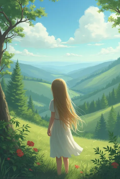 A realistic landscape with a  girl with long blond brown hair and dressed in white who observes it