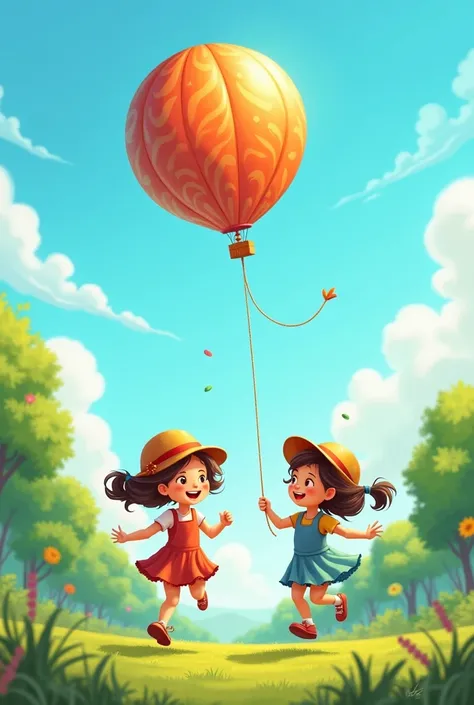 Two girls running after a balloon creat a imag of size 560×900