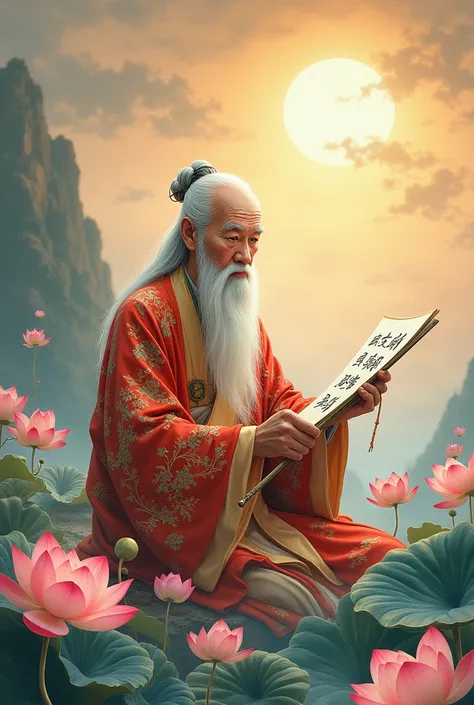 Chinese Bald Old and Shang Long Beard Colorful Clothes Writing in Calligraphy in the Sky Clouds There Are Sun There Are Lotus There Are Clouds