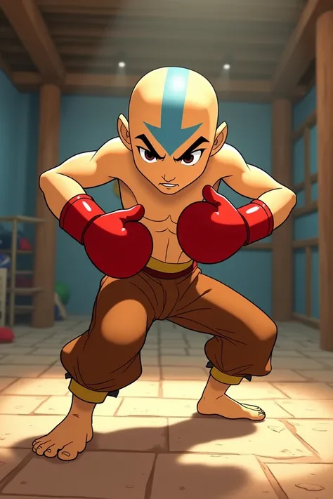 Aang (s )wearing brown pants with red line ,  red boxing gloves  ,(barefoot )( shirtless  )  gym with the same animation style as the original Avatar show 