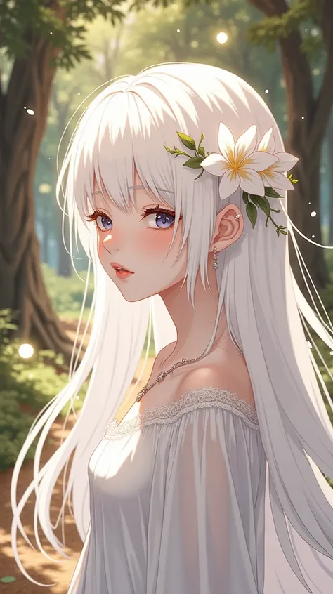 A white-haired albino girl ,  in white clothes walking in the woods. in anime style.