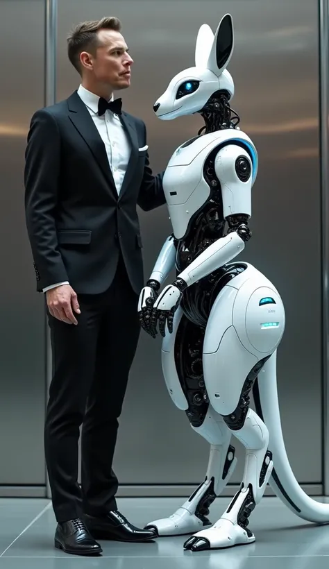 The man is wearing a black suit ,  with black bow tie ,  next to him is a robot kangaroo that presents a futuristic design with a sophisticated and functional appearance.  Its head has an aerodynamic shape that resembles that of a real kangaroo ,  but is c...