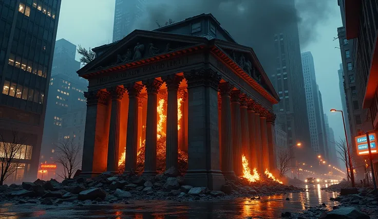 Banque de New York légèrement détruit avec dh feu, nuit, High definition ,  Super realistic , Raccourcie