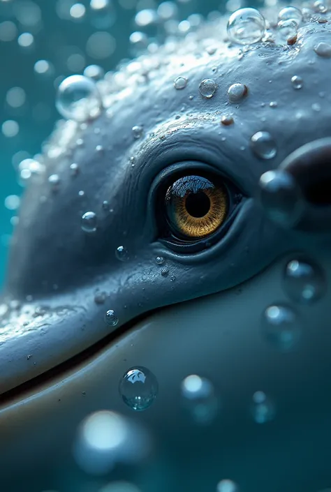 A close-up of a dolphins gleaming eye, reflecting the swirling bubbles around it.