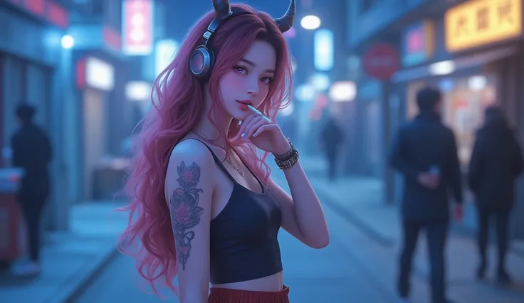 a close up of a person with a cigarette, kpop amino, metal ears purple eyes,, gray men, eastern art style, hyperrealistic image of x, demon boy, chinnese mafia, violet tones, blue wall, dark tattoo, UHDA girl with pink curly hair standing in the middle of ...