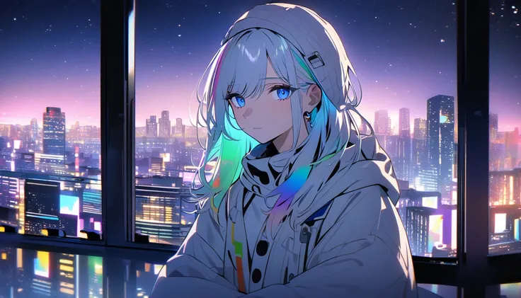 HD 8k Handsome sexy-cute, Solitary, 1 HD-8k Human focus female, Medium Length Hair, white Rainbow hair Beanie, blue eyes Relaxing stile, vibrant, chill cityscape, night, 