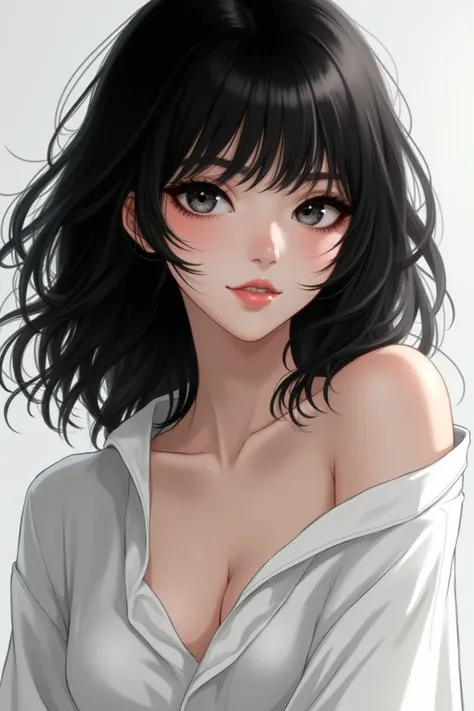 White shirt with loose enough to lift the collarbone ,  black medium length hair layered cut with see-through bangs, decadent black eyes, long eyelashes 