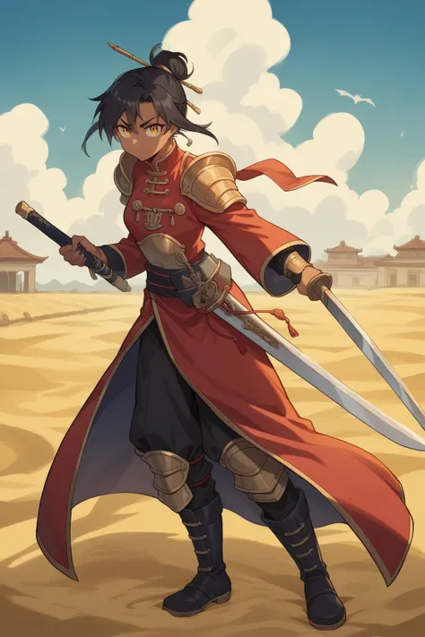 score_9, score_8_up, score_7_up, score_6_up, score_5_up, score_4_up,

 source_anime, Chinese style, ancient battlefield, an ancient Chinese female general, holding a sword in her hand, grim expression,  facial features, 


red robe, armor, boots, yellow sa...