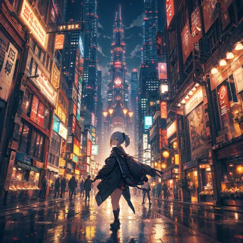 Super detailed game CG , ( high definition :1.1),( looking for something in an absurd :1.1),  one girl , , Alone, simple animation, Night City, Overlooking the night view from a high place