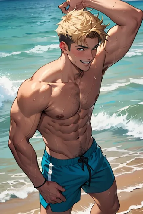 ((best quality)), ((masterpiece)), (detailed), 1boy A  18 years young tanned Orient handsome teenager, he is lean with abs , he is grinning cockily and naughtily, his body is glistening in the seawater, he has short hair, he is shirtless and wearing a beac...