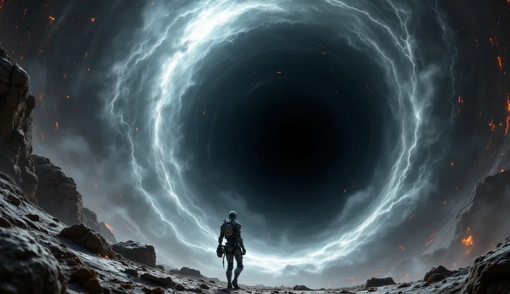 a futuristic humanoid figure, entering into a swirling black hole, on a critical mission, hyper realistic, cinematic composition...