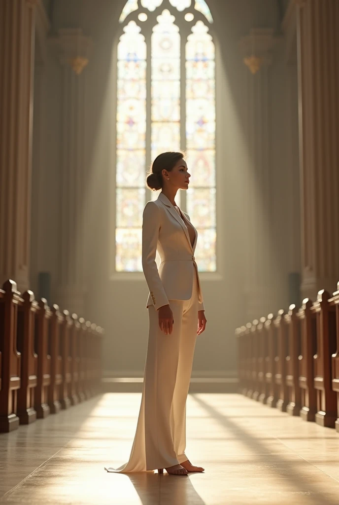 One beautiful women, standing in the church, wearing a formal white suit 