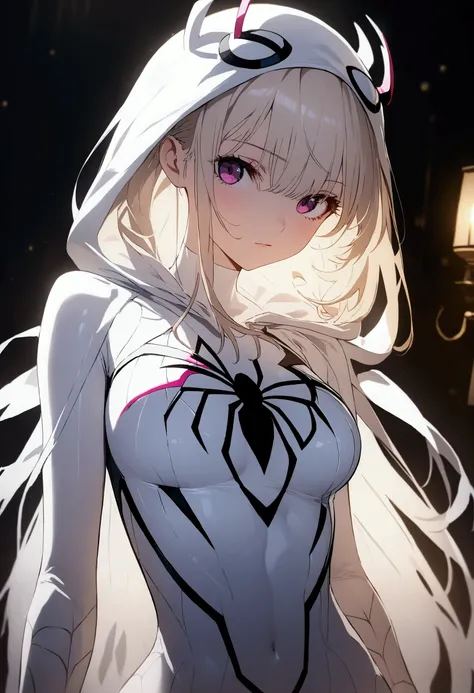 highquality illuStration, maSterpiece,  very tender and beautiful , attractive girl,  ((She wearS Spider-gwen coStume,black and white hooded bodySuit, Spider web print)),  highres icon,  extremely detailed CG Unity 8k wallpaper,  perfect lighting, colored,...