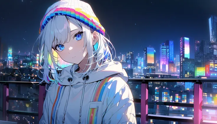 HD 8k Handsome sexy-cute, Solitary, 1 HD-8k Human focus female, Medium Length Hair, white Rainbow hair Beanie, blue eyes Background is Relaxing stile, vibrant, chill cityscape, night, 