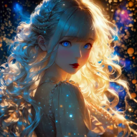 1lady( softly,young,curvy figure,white skin, illuminated blue eyes,straight long hair,blonde,,(wearing makeup), beautiful accessories, is wearing beautiful trendy evening dress at,evening dress((double exposure(beautiful galaxy,beautiful nebula,):1.1),), B...