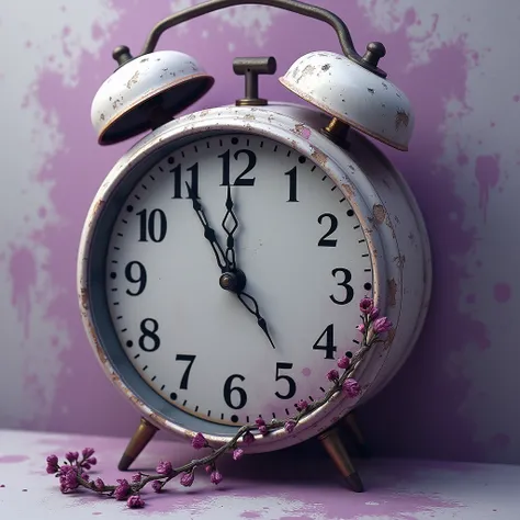 A close-up, surreal portrait of a forgotten clock with chipped, tarnished surfaces painted in shades of pale white and mauve, suggesting aging. The clocks hands are frozen in time with a delicate vine coiling around its face, set against an abstract, purpl...