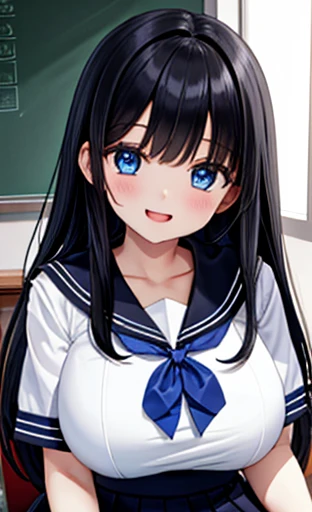 (​masterpiece、top-quality:1.5、8k size wallpaper、 Official Art)、( portrait, upper body)、( 1 girl), open her mouth and smile happily , cute face, blue eyes、
,( sitting),
,( Sexy Body ),( sailor suit , skirt),(  long black hair ), とても big breasts、、
、classroom...