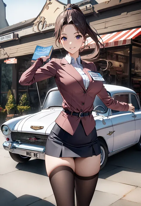  best quality、 Ultra Precise 、Detailed drawing、 vibrant colors、alone、Beautiful girl 、Age 30、classic car shop、table、Beautiful big boobs、 business suit、 shirt 、Name tag、 Mini Skirt、 black stockings、Catalog book in hand 、smile、Beautiful figure、 ponytail、Butt、...